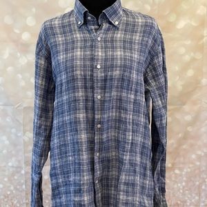 Peter Millar M Mens Blue Plaid Button Down 100% Linen